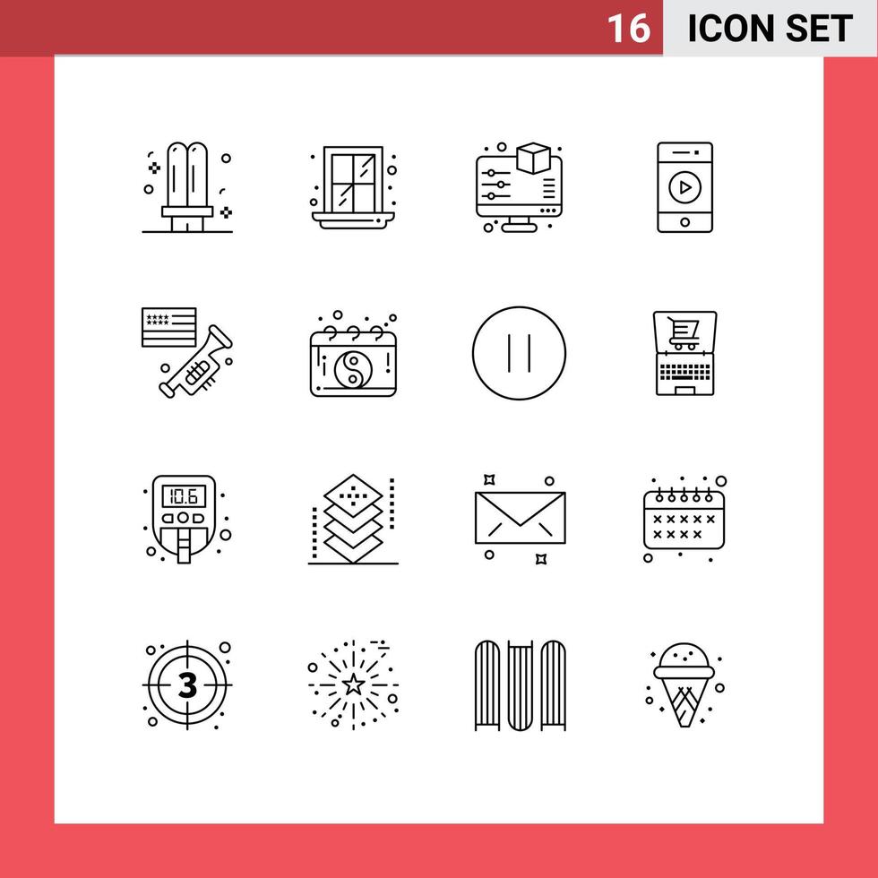 Pack of 16 Modern Outlines Signs and Symbols for Web Print Media such as speaker speaker display sound audio Editable Vector Design Elements