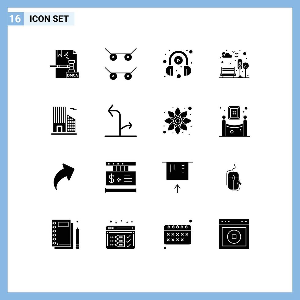 Set of 16 Vector Solid Glyphs on Grid for real estate building headphone tree city Editable Vector Design Elements