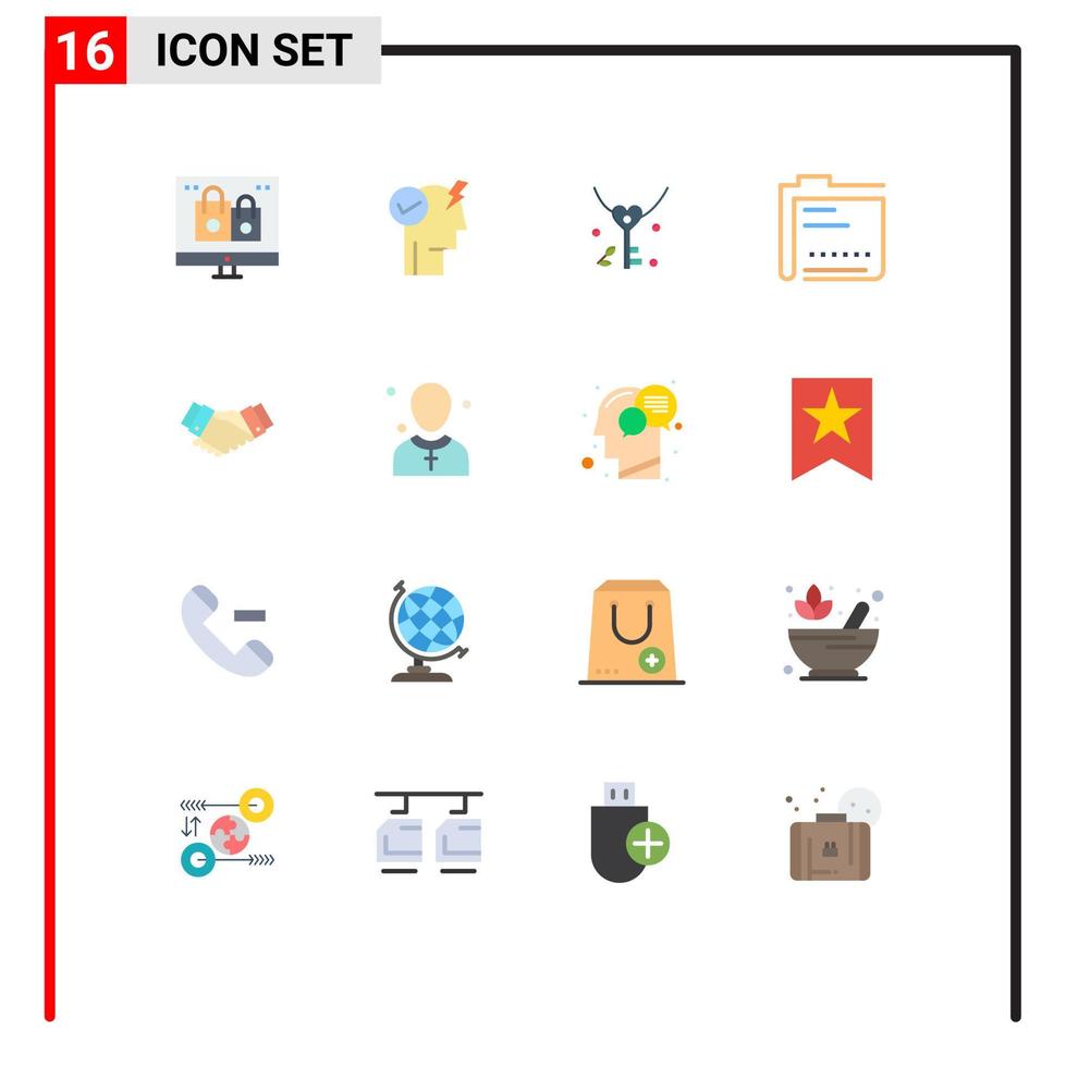 paquete de 16 signos y símbolos modernos de colores planos para medios de impresión web, como el modo de alimentación de datos de archivos, active el contenido de la boda, paquete editable de elementos creativos de diseño de vectores