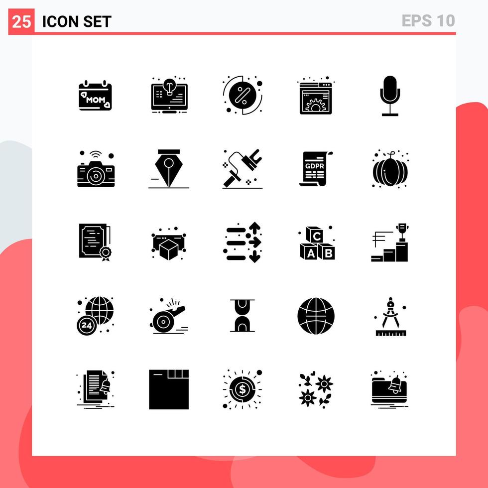 Pack of 25 creative Solid Glyphs of audio management monitor gear content Editable Vector Design Elements