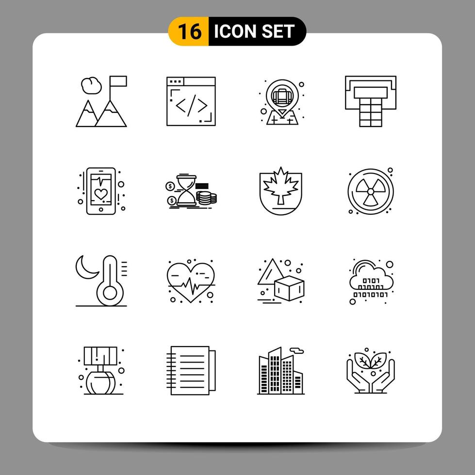Pack of 16 Modern Outlines Signs and Symbols for Web Print Media such as hourglass mobile briefcase in map pin heart beat Editable Vector Design Elements