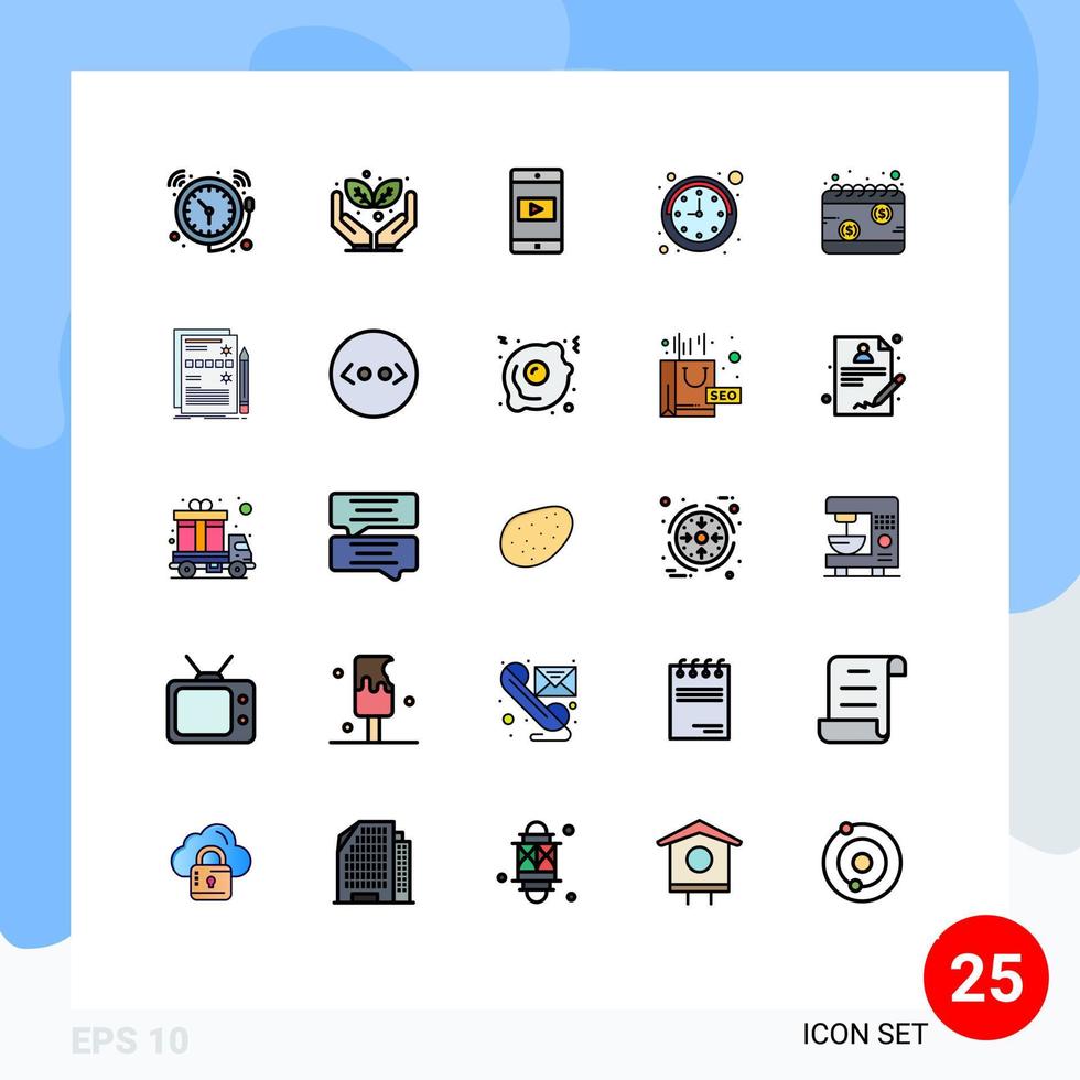 Set of 25 Vector Filled line Flat Colors on Grid for payday calendar application watch clock Editable Vector Design Elements