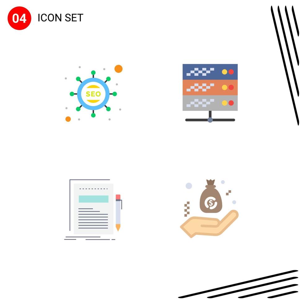 conjunto de 4 paquetes de iconos planos comerciales para documentos de marketing servidor de papel elementos de diseño vectorial editables vector
