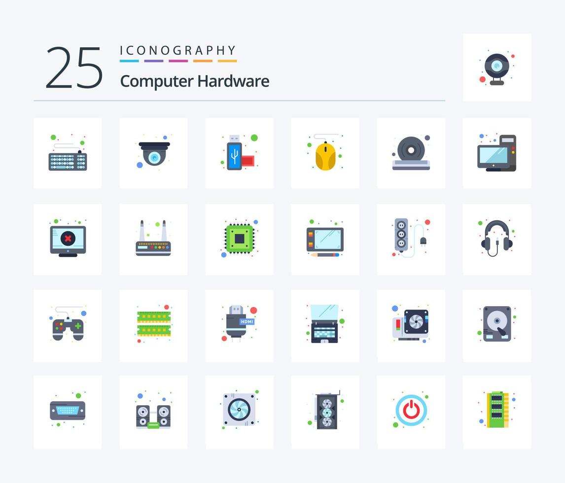 Computer Hardware 25 Flat Color icon pack including player. dvd. connection. disc. hardware vector