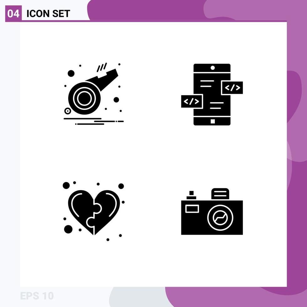 4 Solid Glyph concept for Websites Mobile and Apps alarm game whistle div heart Editable Vector Design Elements