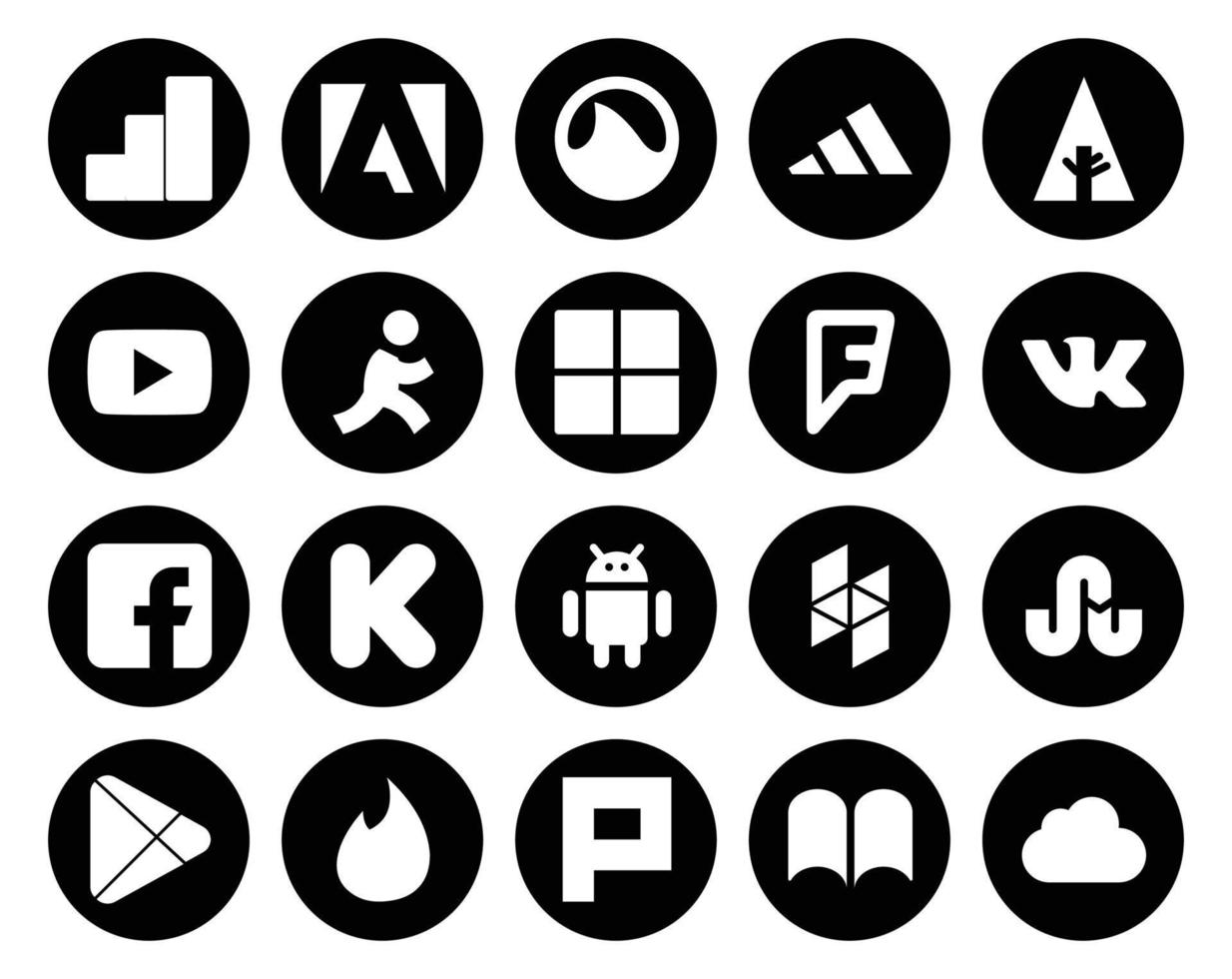 Paquete de 20 íconos de redes sociales que incluye aplicaciones stumbleupon microsoft houzz kickstarter vector