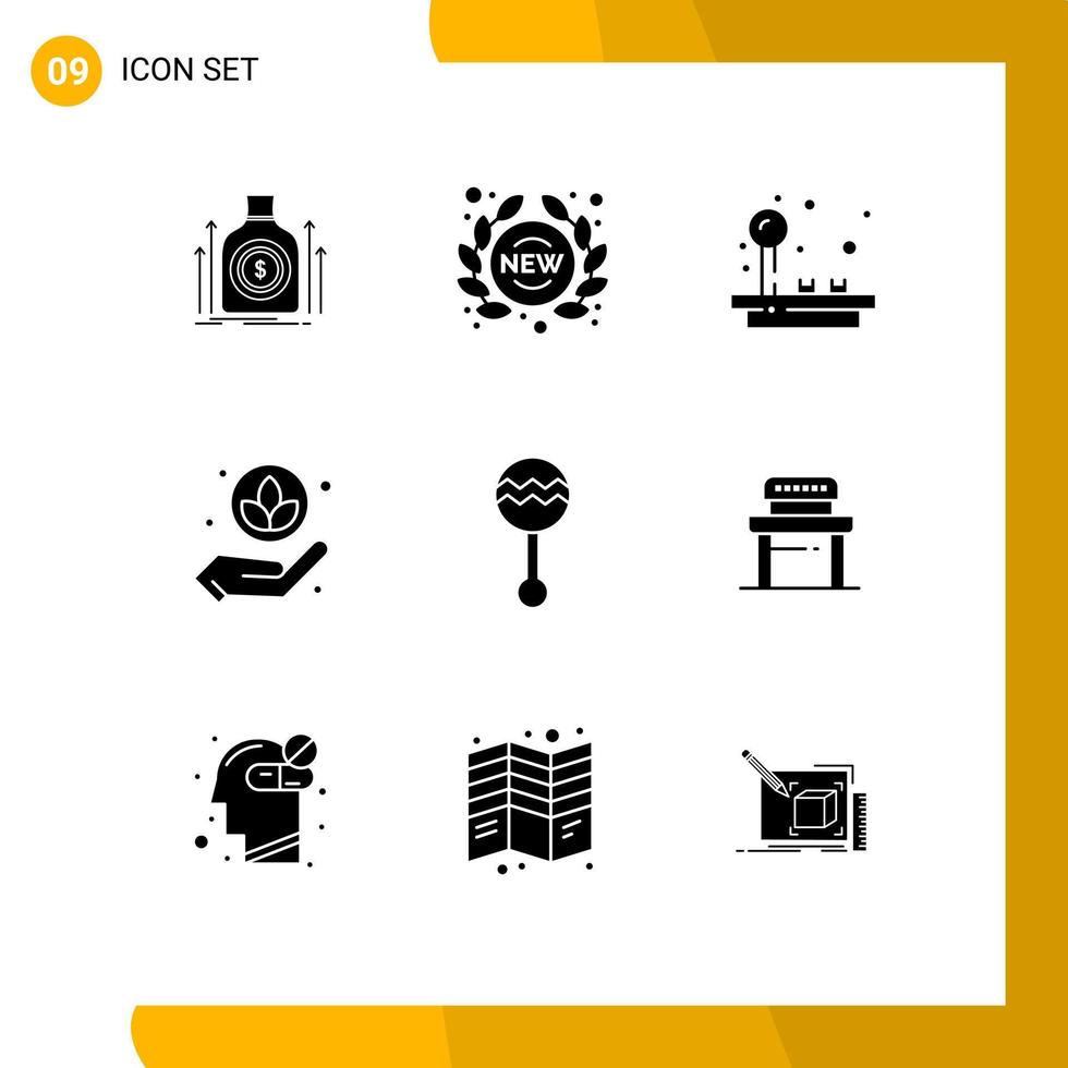 Set of 9 Commercial Solid Glyphs pack for audio care sign plant game Editable Vector Design Elements
