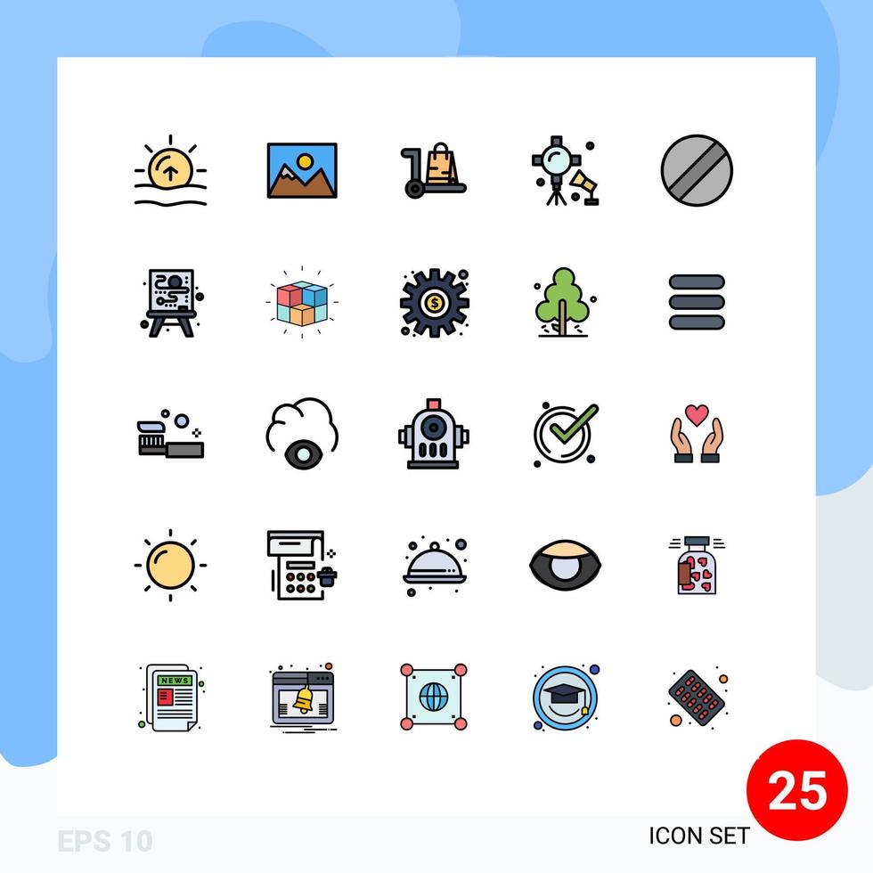 Set of 25 Vector Filled line Flat Colors on Grid for studio lights spotlight bag lights cart Editable Vector Design Elements