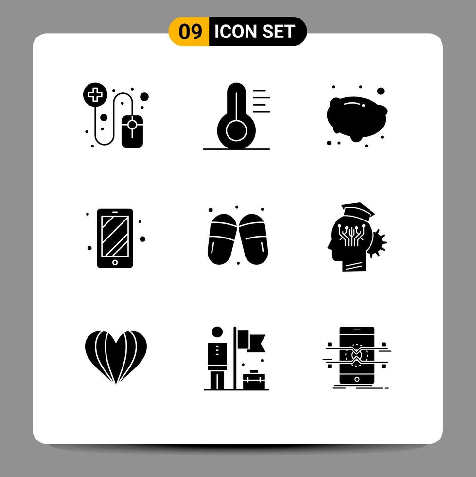 Editable Vector Line Pack of 9 Simple Solid Glyphs of management slippers vegetable sauna sandal Editable Vector Design Elements