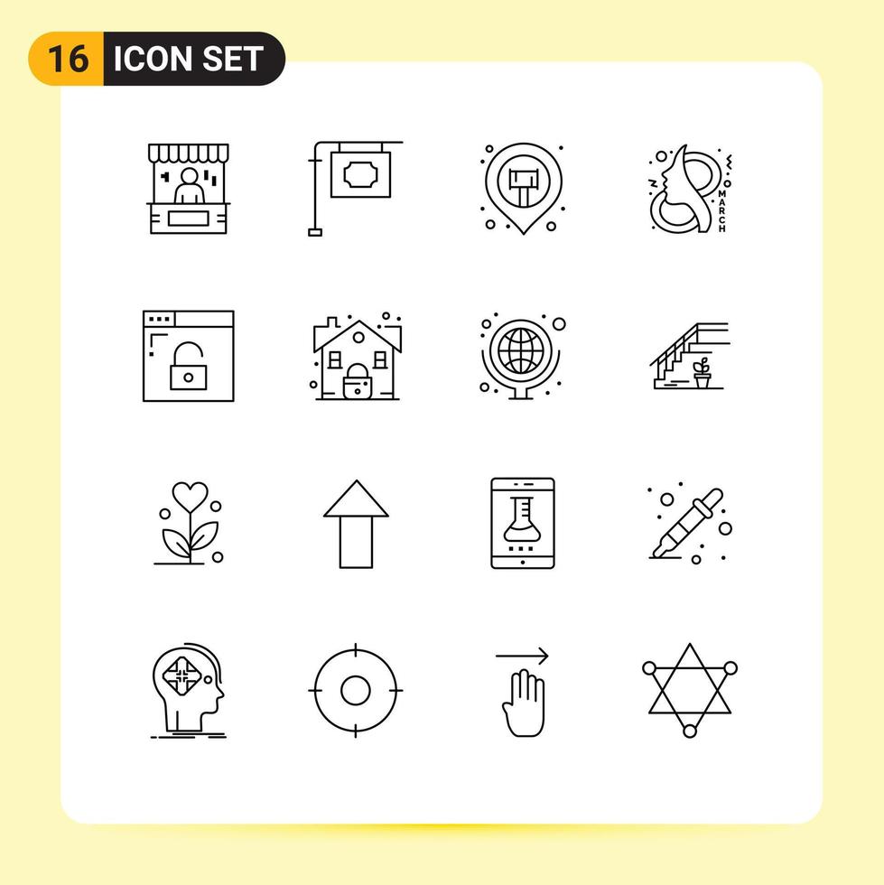 User Interface Pack of 16 Basic Outlines of women female street eight map pin Editable Vector Design Elements