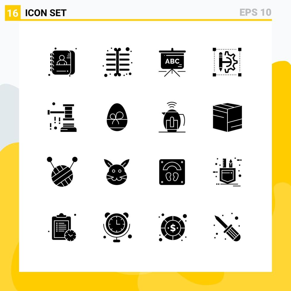 Group of 16 Modern Solid Glyphs Set for hammer auction education setting cog wheel Editable Vector Design Elements