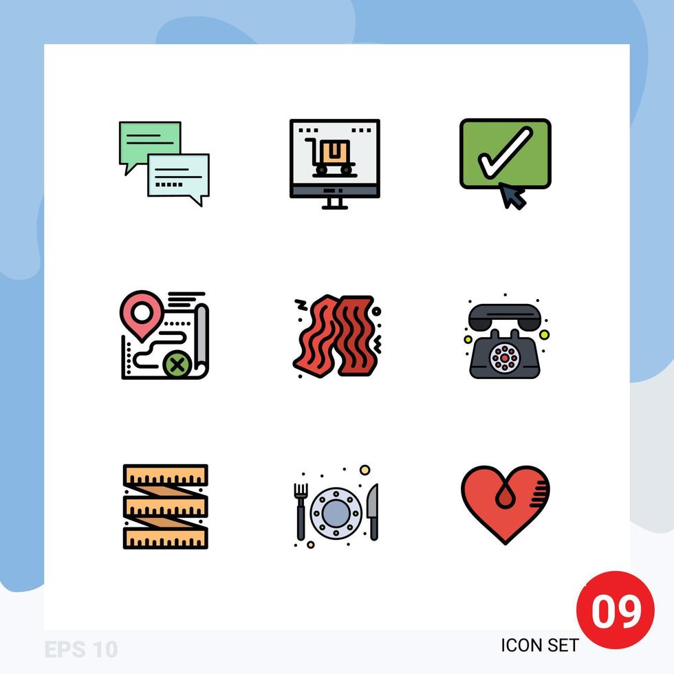 Group of 9 Filledline Flat Colors Signs and Symbols for cancel target marketing route tick Editable Vector Design Elements