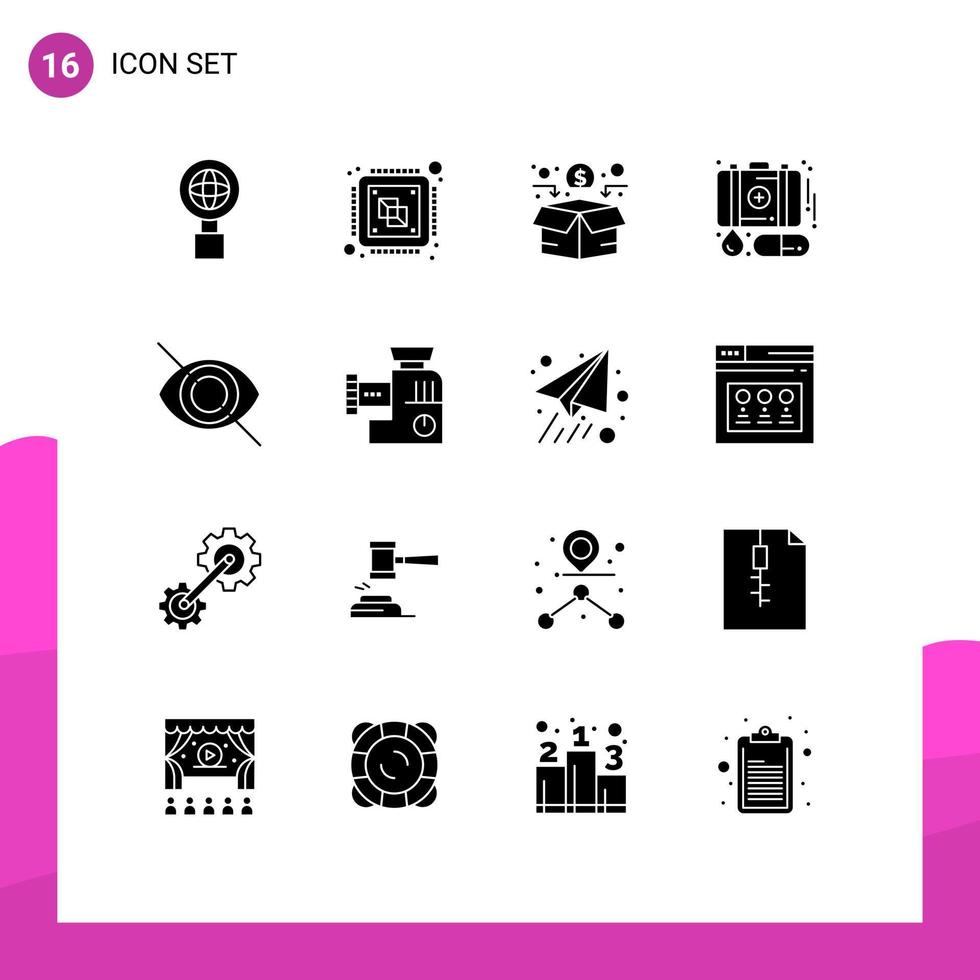 User Interface Pack of 16 Basic Solid Glyphs of eye medicine funding first aid case Editable Vector Design Elements