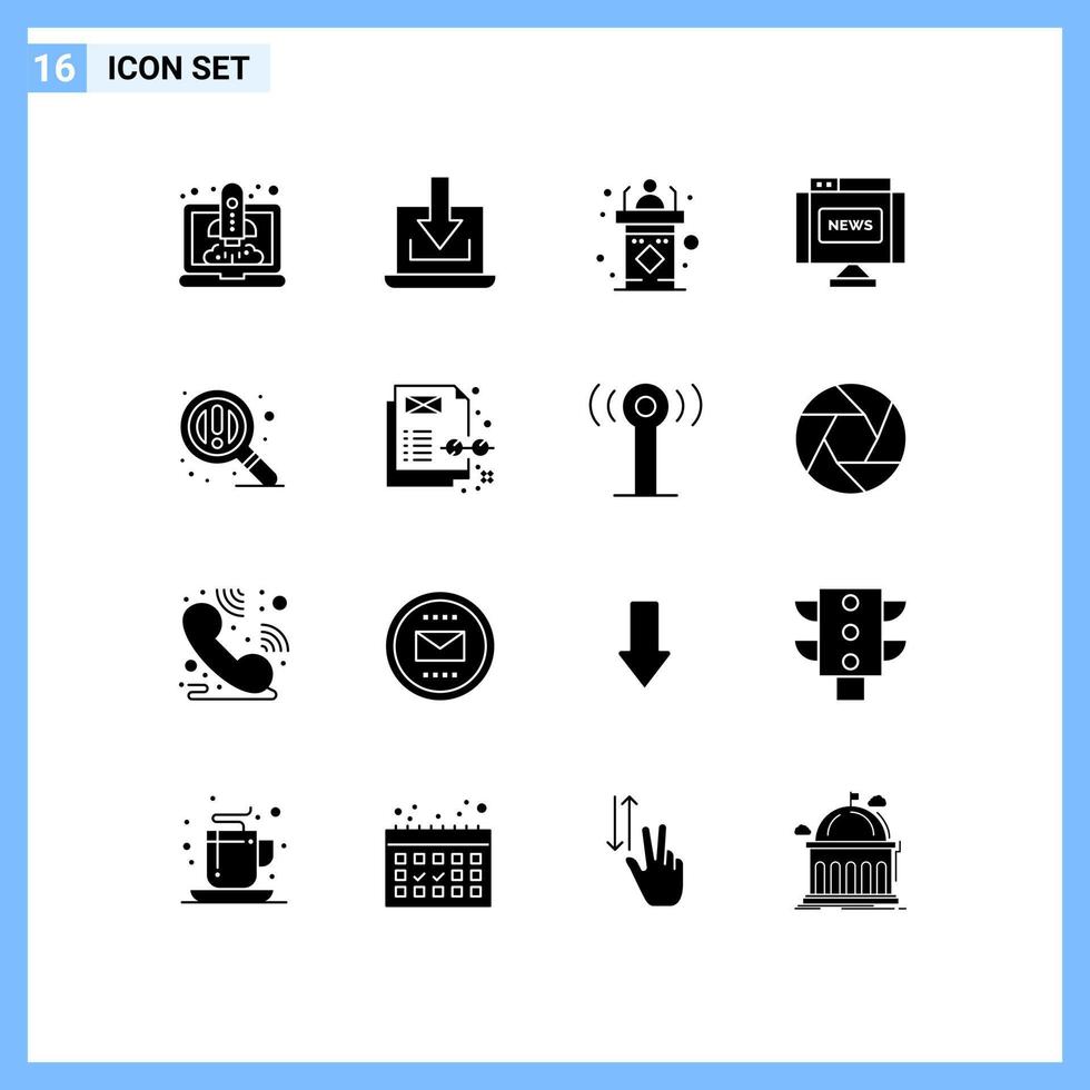 Set of 16 Vector Solid Glyphs on Grid for find journal classroom interface speech Editable Vector Design Elements