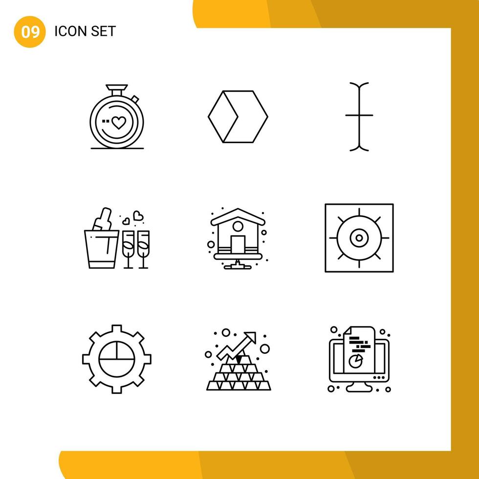 Mobile Interface Outline Set of 9 Pictograms of control home page cursor home love Editable Vector Design Elements