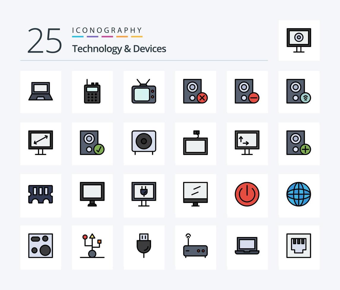 Paquete de iconos llenos de 25 líneas de dispositivos que incluye dispositivos. retirar. televisión. hardware. dispositivos vector