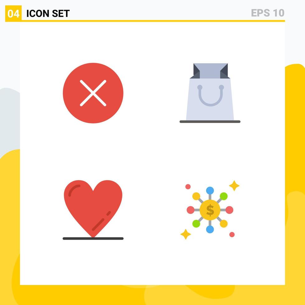 Group of 4 Modern Flat Icons Set for circle dollar bag heart network Editable Vector Design Elements