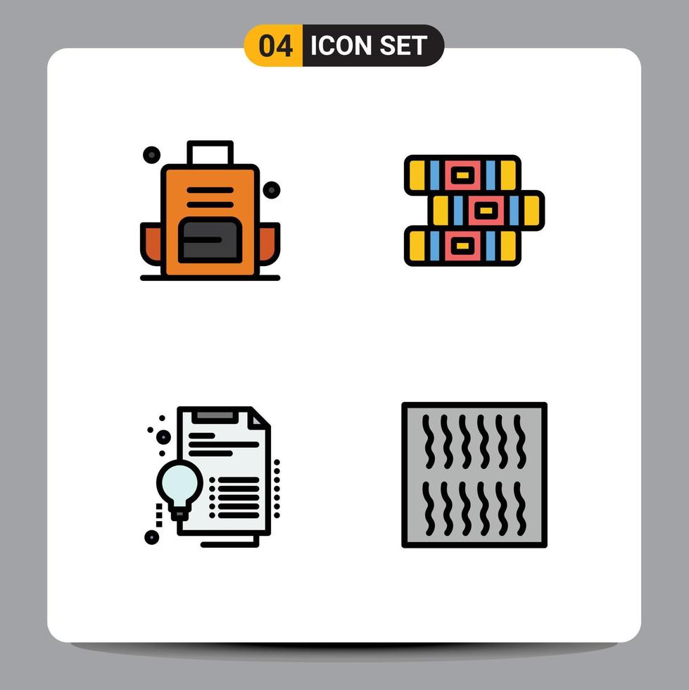 paquete de 4 signos y símbolos de colores planos de línea de relleno modernos para medios de impresión web, como elementos de diseño de vectores editables de solución de portátil digital al aire libre de mochila