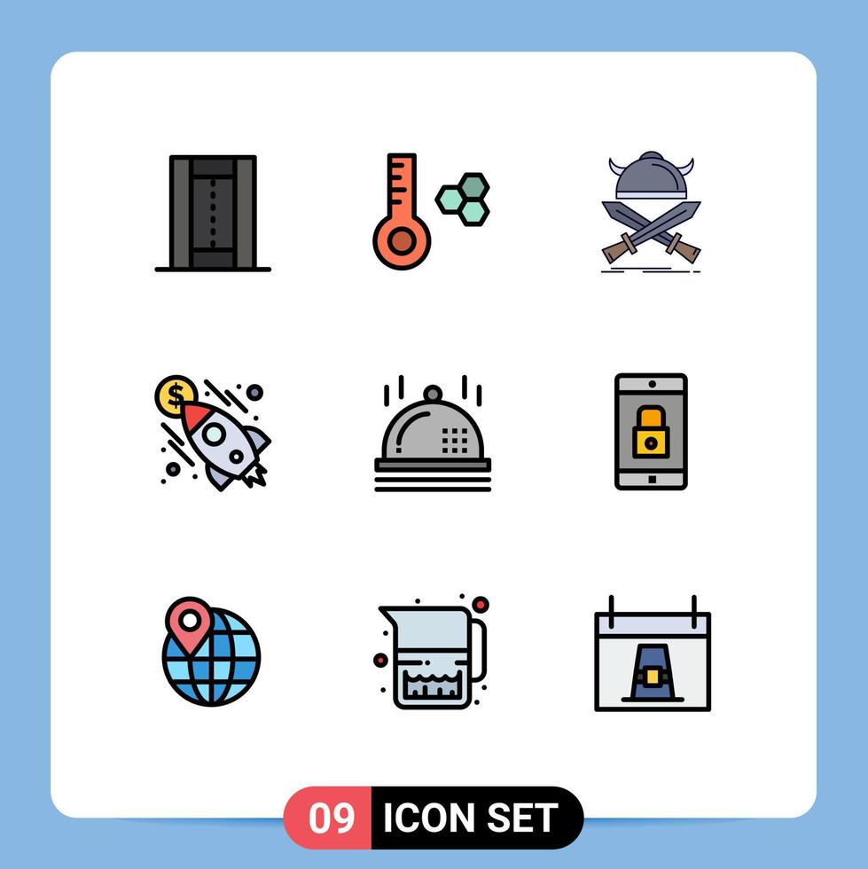 9 Universal Filledline Flat Color Signs Symbols of celebration rocket battle launch swords Editable Vector Design Elements