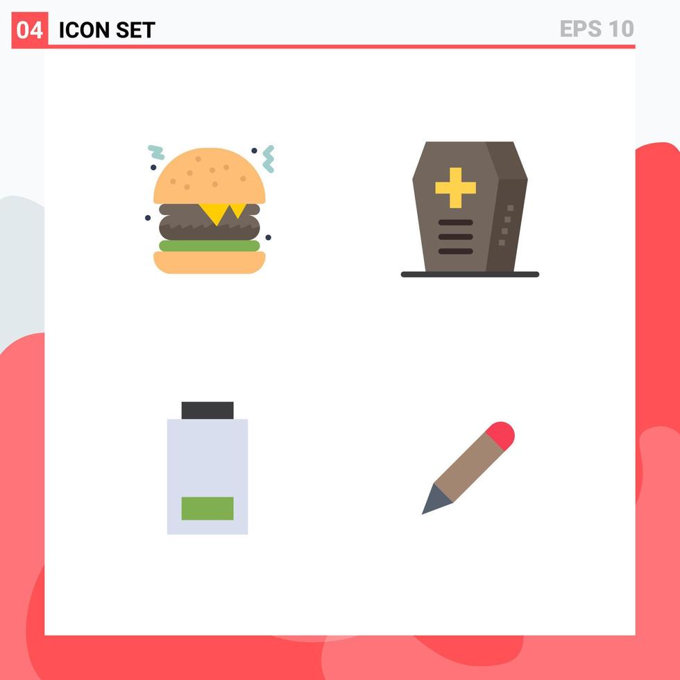 4 Universal Flat Icons Set for Web and Mobile Applications burger status coffin battery study Editable Vector Design Elements