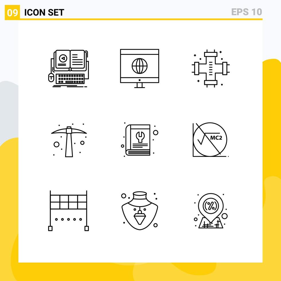 Group of 9 Modern Outlines Set for book job mechanical hoe system Editable Vector Design Elements