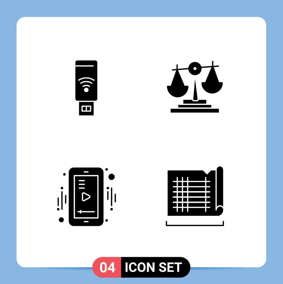 User Interface Pack of 4 Basic Solid Glyphs of usb mobile signal decision video Editable Vector Design Elements