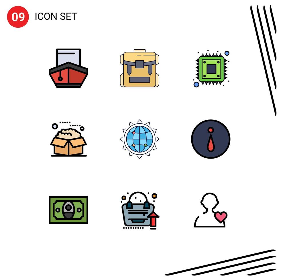 Modern Set of 9 Filledline Flat Colors Pictograph of packages open hiking box hardware Editable Vector Design Elements