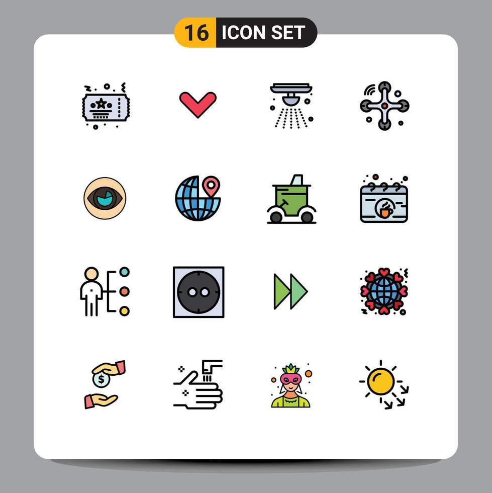 Flat Color Filled Line Pack of 16 Universal Symbols of eye internet of things alarm drone communications Editable Creative Vector Design Elements