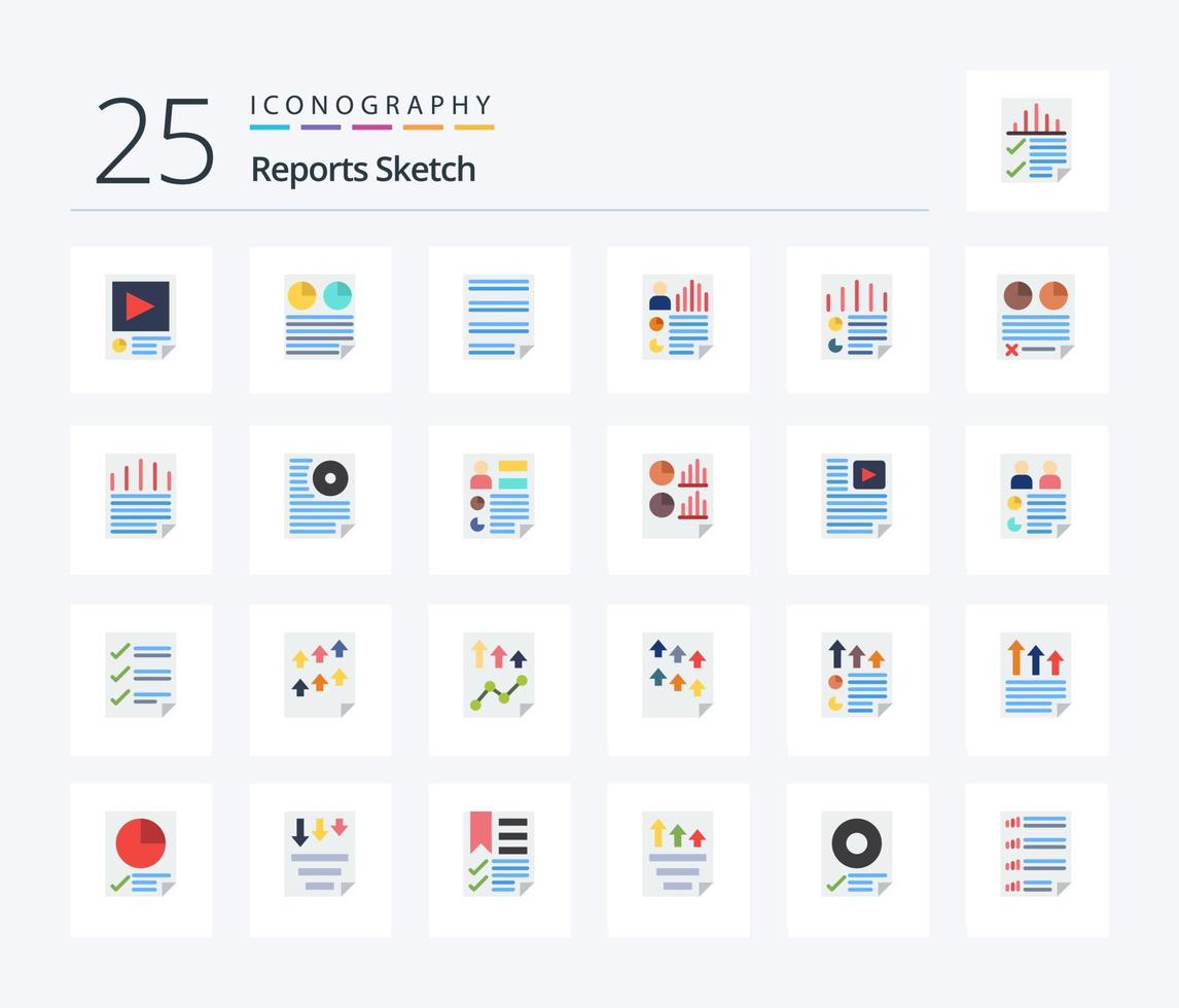 informes bosquejo 25 paquete de iconos de color plano incluida la página. datos. tarta. informe. tareas para el hogar vector