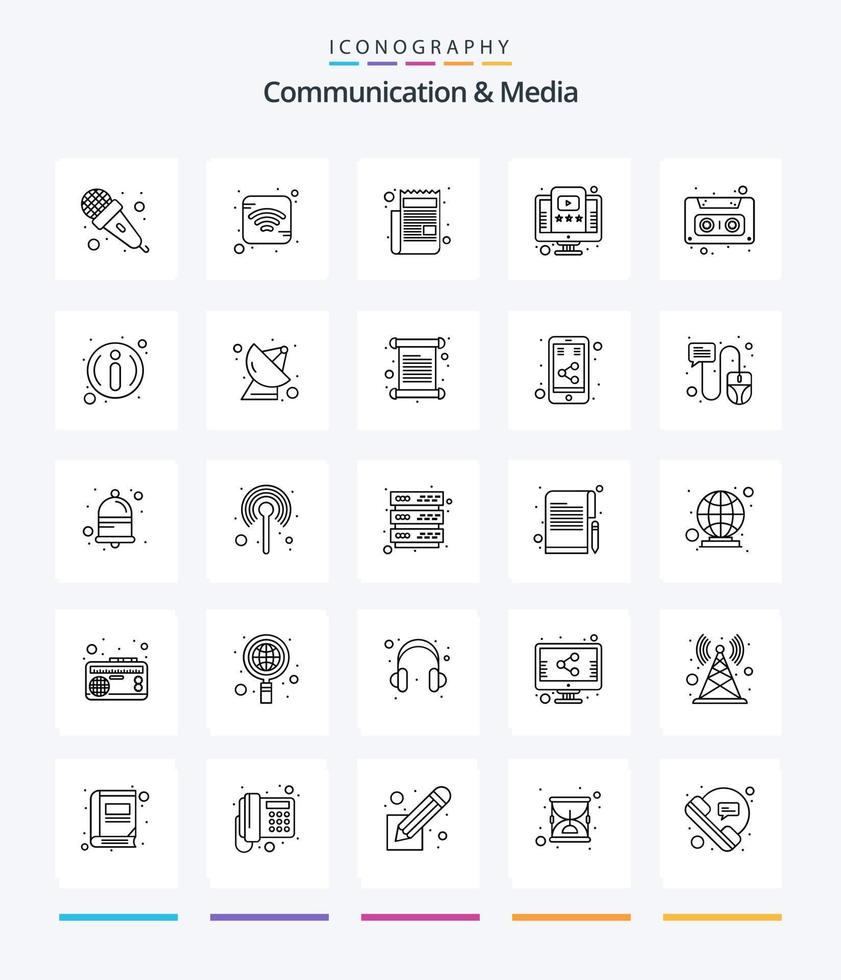 Creative Communication And Media 25 OutLine icon pack  Such As cassette. audio. newspaper. tutorial. video vector