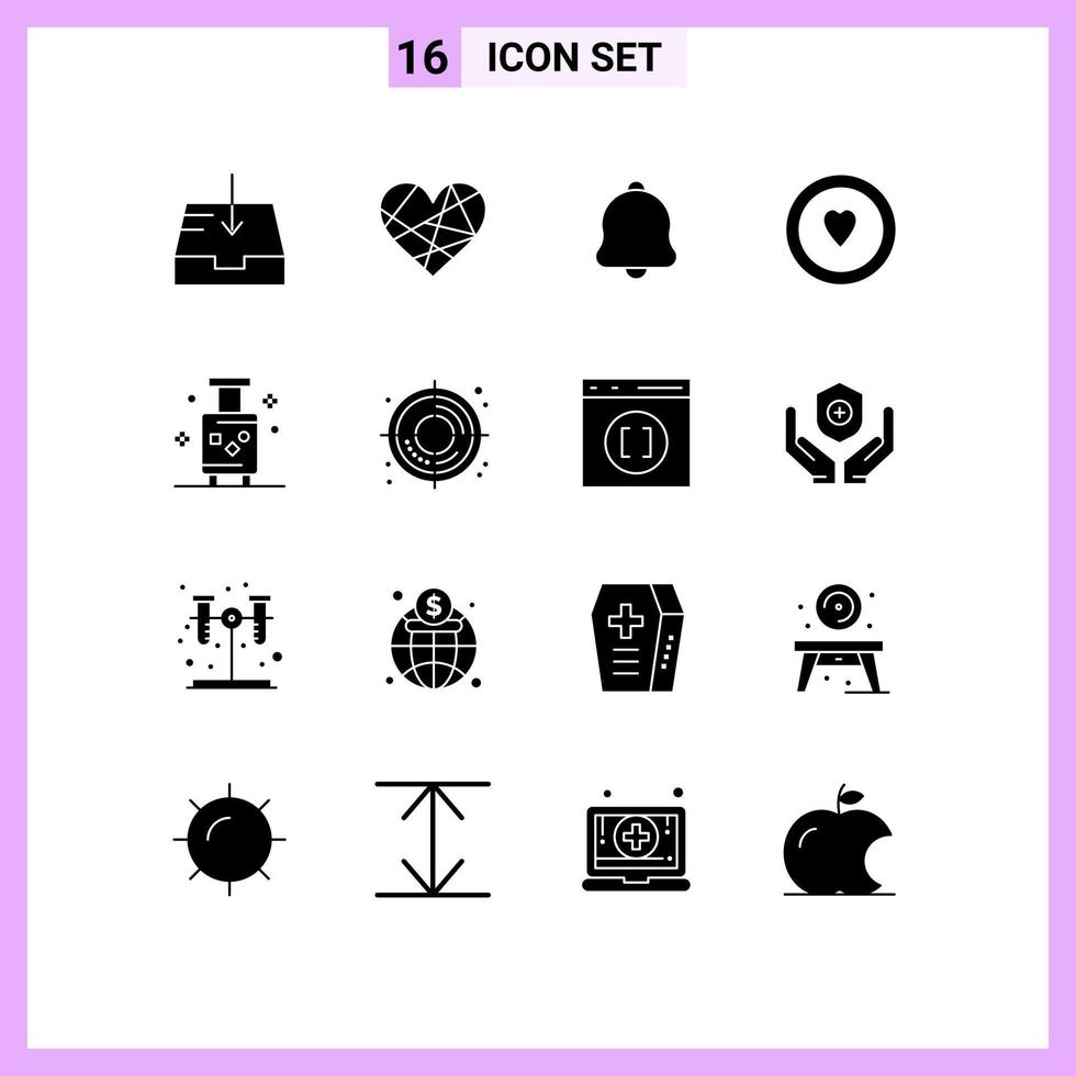 16 Universal Solid Glyphs Set for Web and Mobile Applications suitcase holiday alert circle love Editable Vector Design Elements