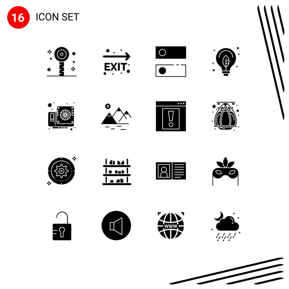 Group of 16 Solid Glyphs Signs and Symbols for computer bulb dns power energy Editable Vector Design Elements