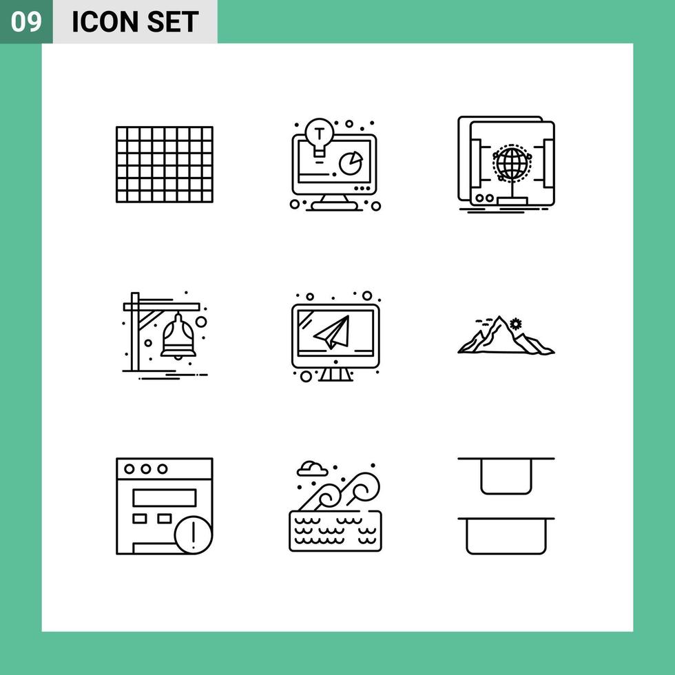 Set of 9 Vector Outlines on Grid for laptop computer holographic train bell Editable Vector Design Elements