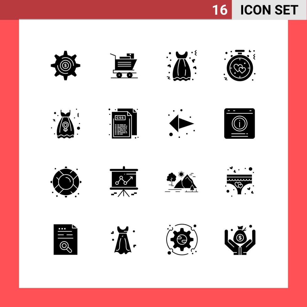 Set of 16 Commercial Solid Glyphs pack for clothes love date alarm clock Editable Vector Design Elements