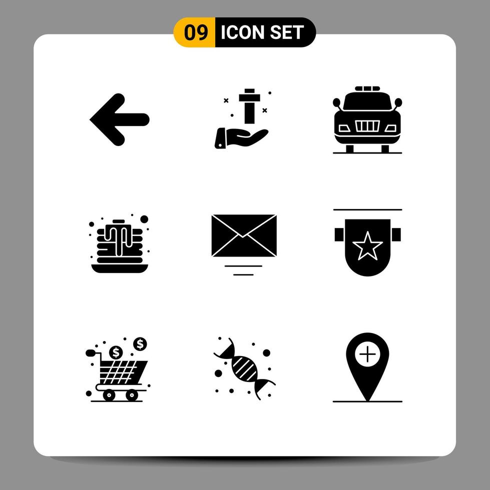 paquete de 9 signos y símbolos de glifos sólidos modernos para medios de impresión web, como correo de texto, postre dulce de pascua, elementos de diseño de vectores editables