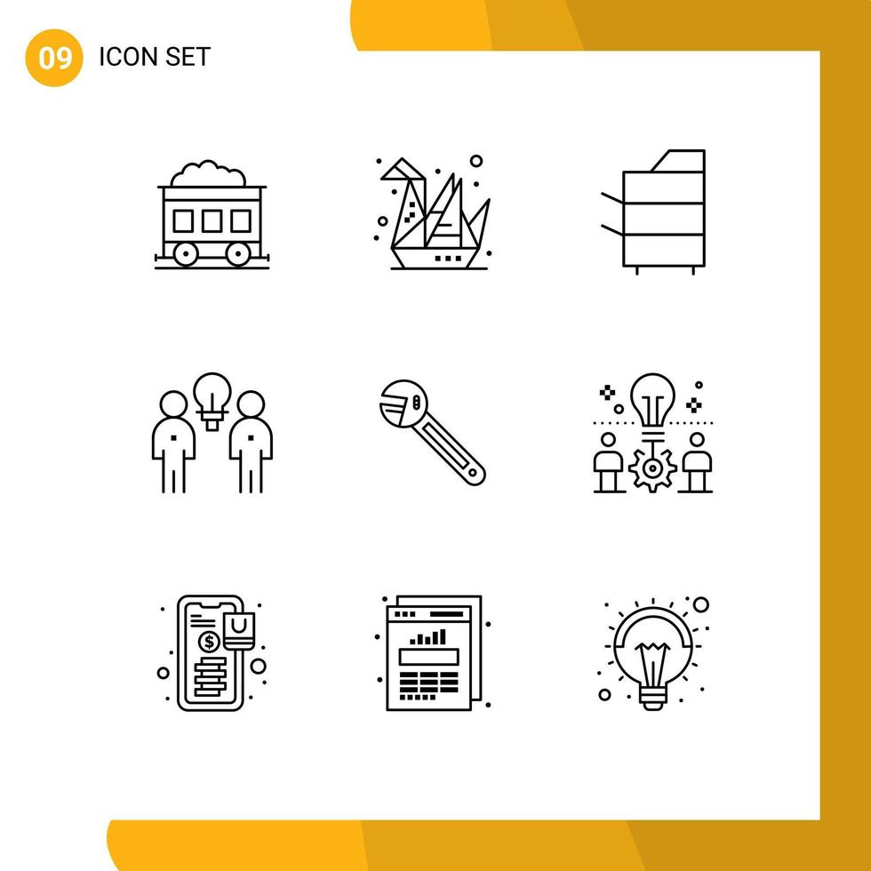 Editable Vector Line Pack of 9 Simple Outlines of wrench team devices people brainstorm Editable Vector Design Elements