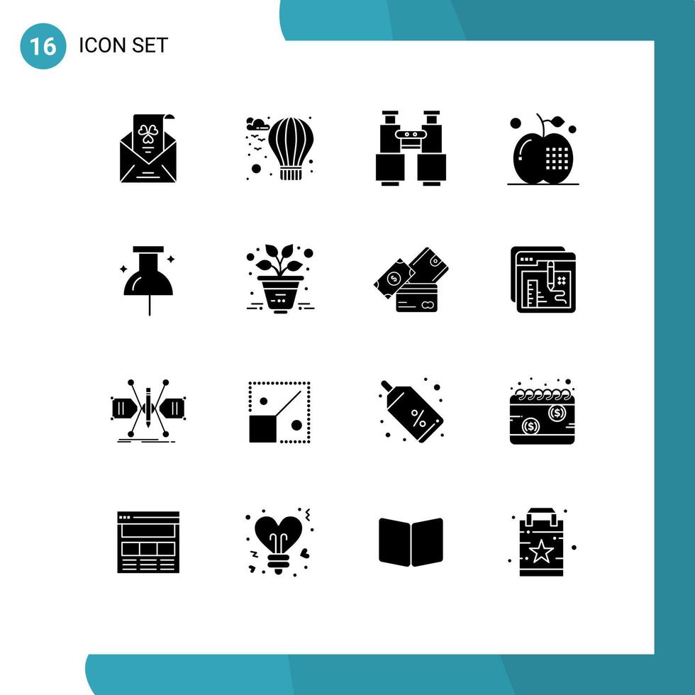 Pack of 16 Modern Solid Glyphs Signs and Symbols for Web Print Media such as meal drinks binoculars cooking camping Editable Vector Design Elements