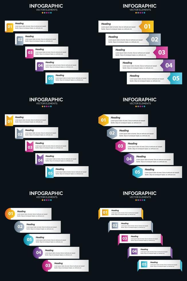 plantilla de diapositiva de presentación del paquete de infografías vectoriales 6 diagramas de ciclo de 5 pasos y líneas de tiempo vector