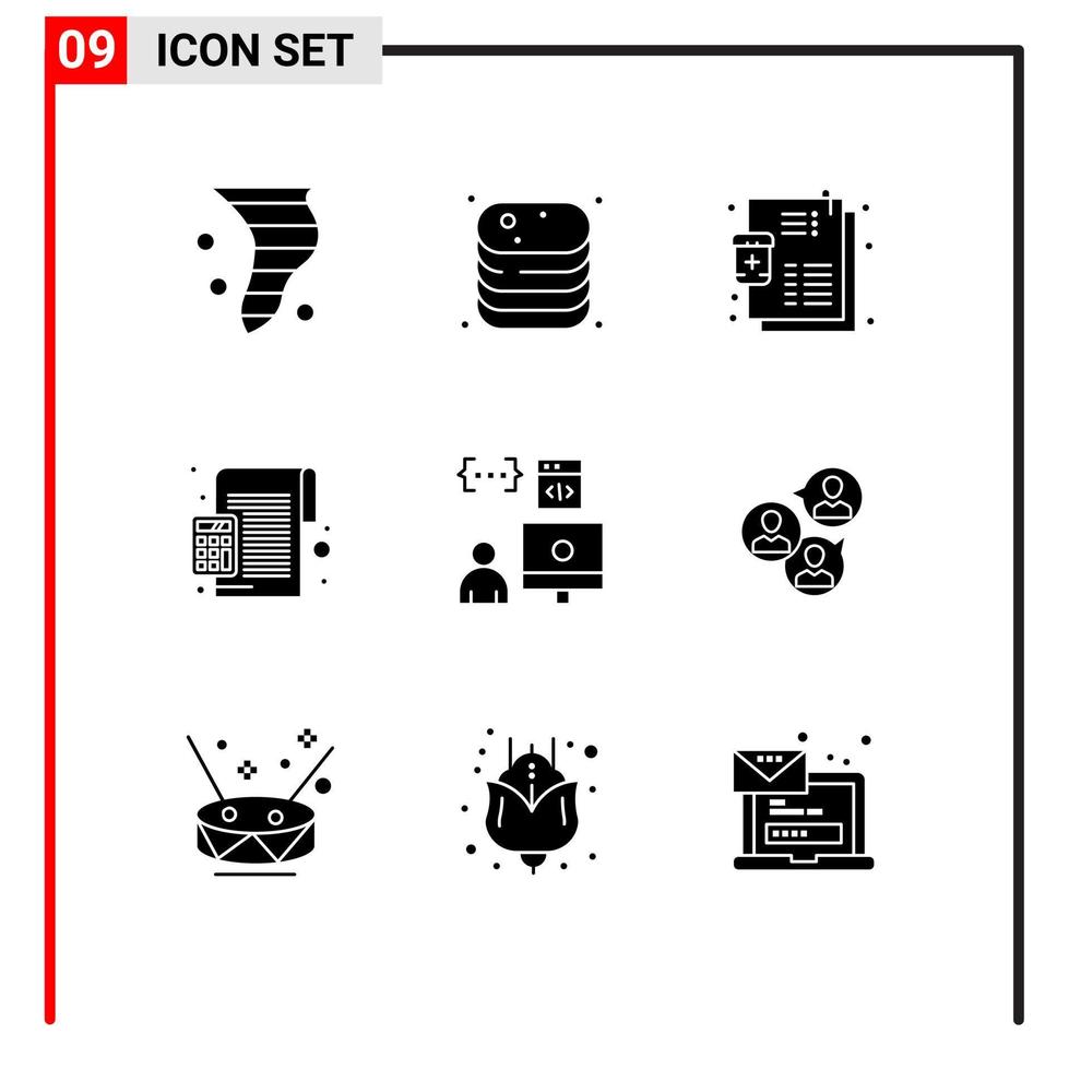 9 Thematic Vector Solid Glyphs and Editable Symbols of calculator calculate food accounting medicine Editable Vector Design Elements