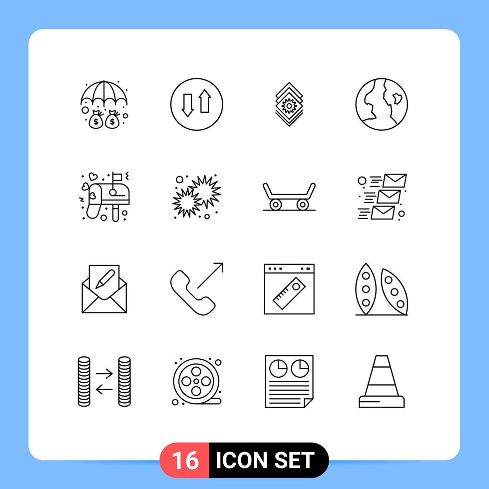 16 User Interface Outline Pack of modern Signs and Symbols of love box gear nature earth Editable Vector Design Elements