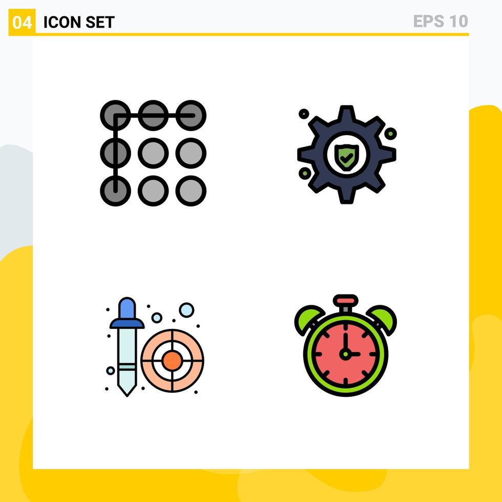 Filledline Flat Color Pack of 4 Universal Symbols of lock pipette setting color picker clock Editable Vector Design Elements