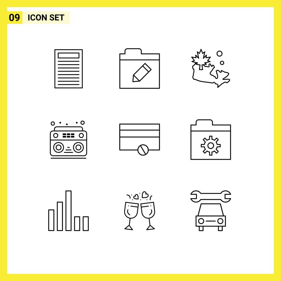 Outline Pack of 9 Universal Symbols of files payments leaf money radio Editable Vector Design Elements