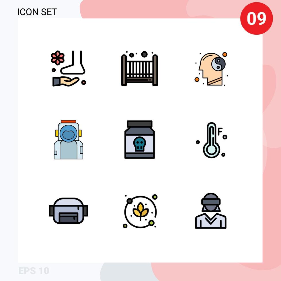 grupo de 9 signos y símbolos de colores planos de línea rellena para elementos de diseño de vectores editables de astronauta de equilibrio de casco de peligro