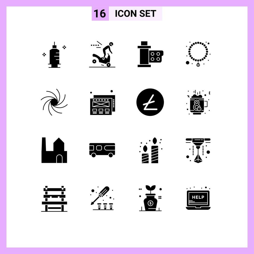 Mobile Interface Solid Glyph Set of 16 Pictograms of milky way pearl cinema necklace reel Editable Vector Design Elements