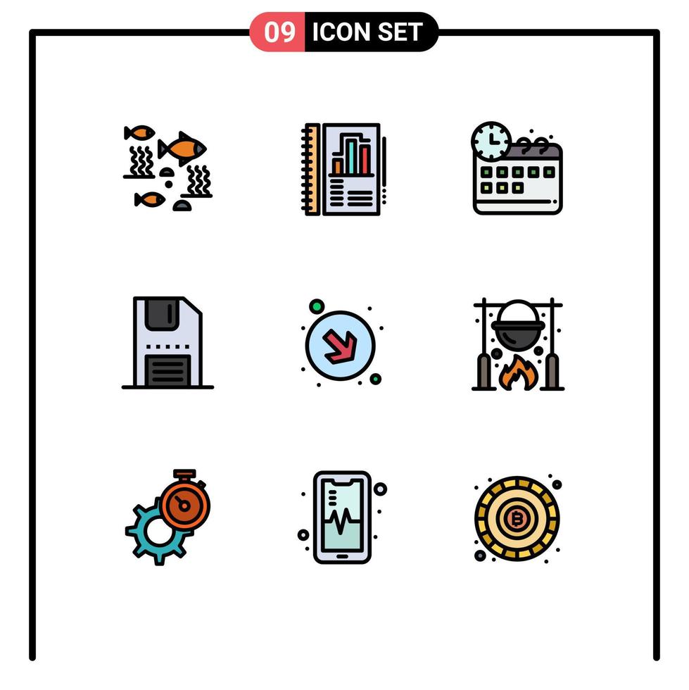 9 Filledline Flat Color concept for Websites Mobile and Apps arrow interface chart floppy disc Editable Vector Design Elements