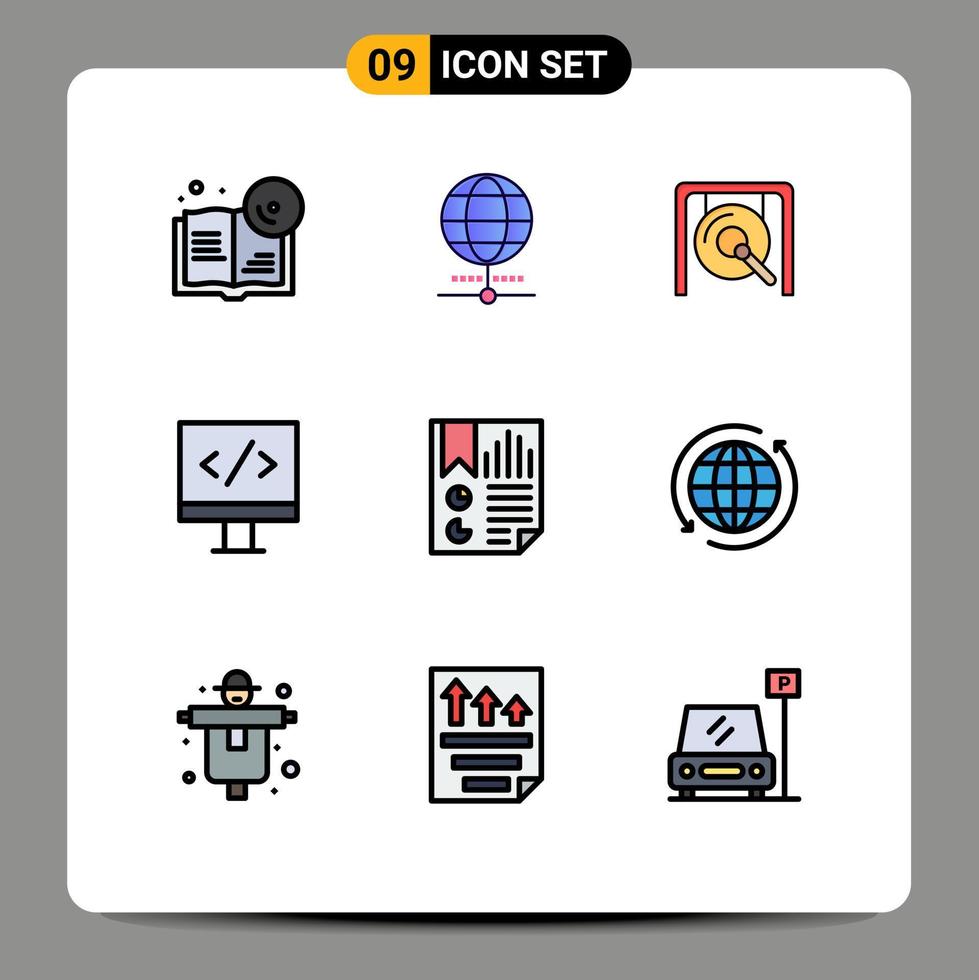 Modern Set of 9 Filledline Flat Colors and symbols such as document bookmark gong development computer Editable Vector Design Elements