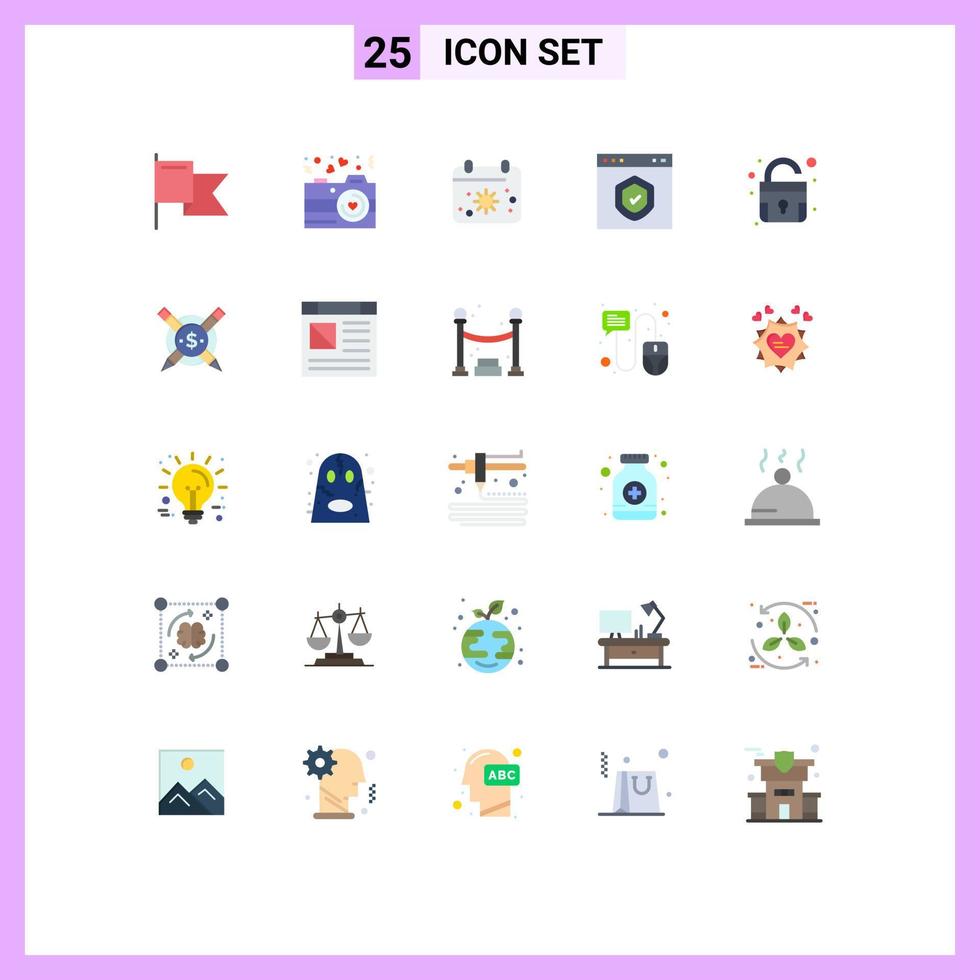 Editable Vector Line Pack of 25 Simple Flat Colors of padlock protection calender page check Editable Vector Design Elements