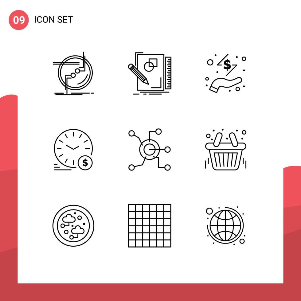 Modern Set of 9 Outlines Pictograph of wallclock money draw time hand Editable Vector Design Elements