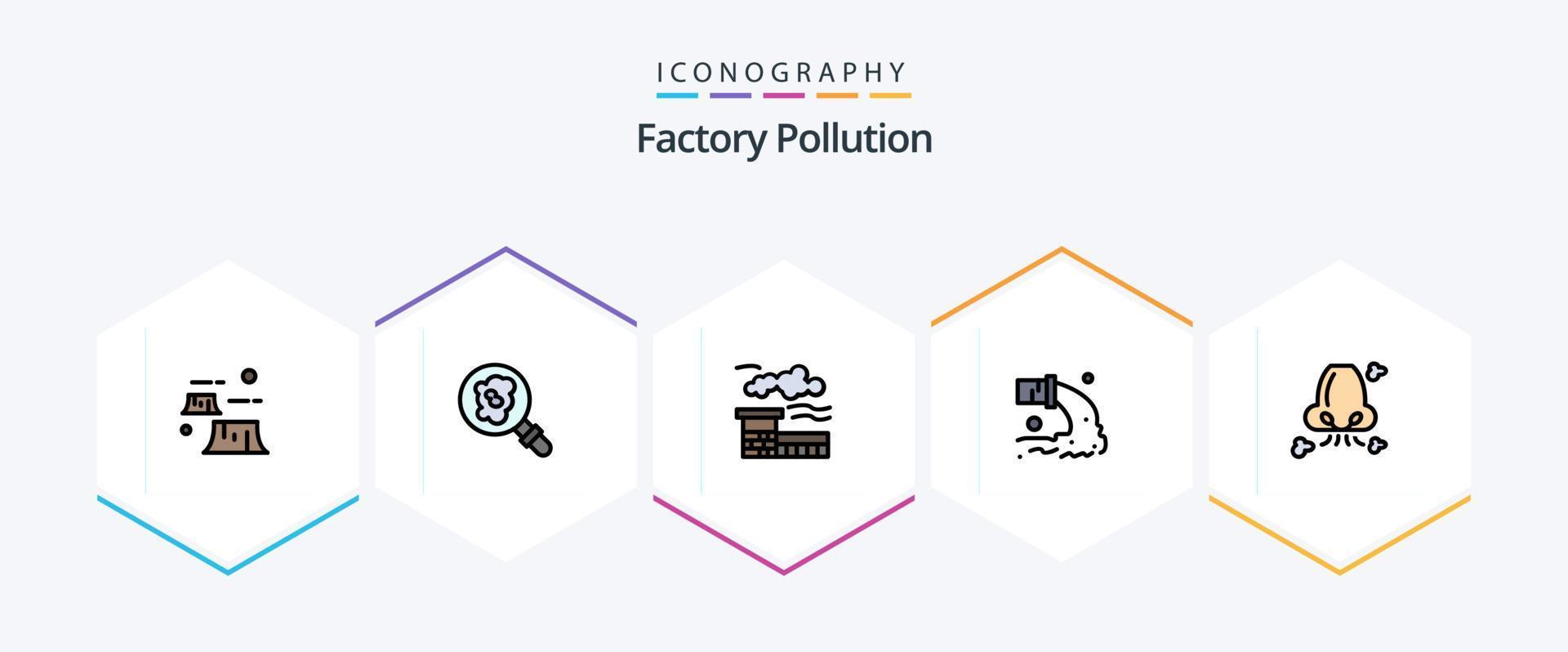 Paquete de íconos de 25 líneas de relleno de contaminación de fábrica que incluye respirar. desperdiciar. fábrica. aguas residuales. polución vector