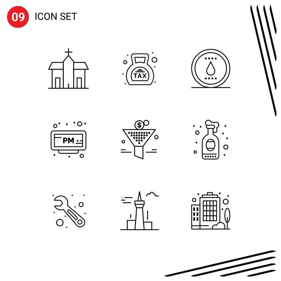 Set of 9 Modern UI Icons Symbols Signs for time pm money alarm power Editable Vector Design Elements